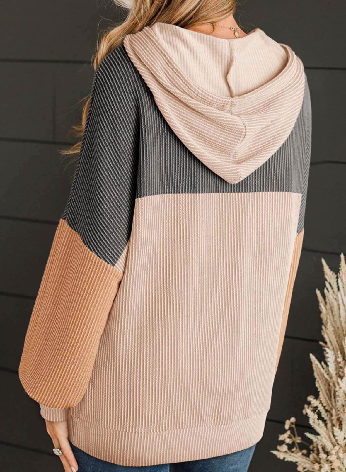 Colorblock Textured Rib Drawstring Hoodie - Khaki - 2
