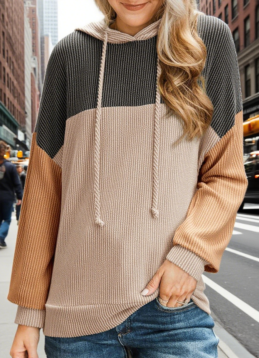 Colorblock Textured Rib Drawstring Hoodie - Khaki - 3