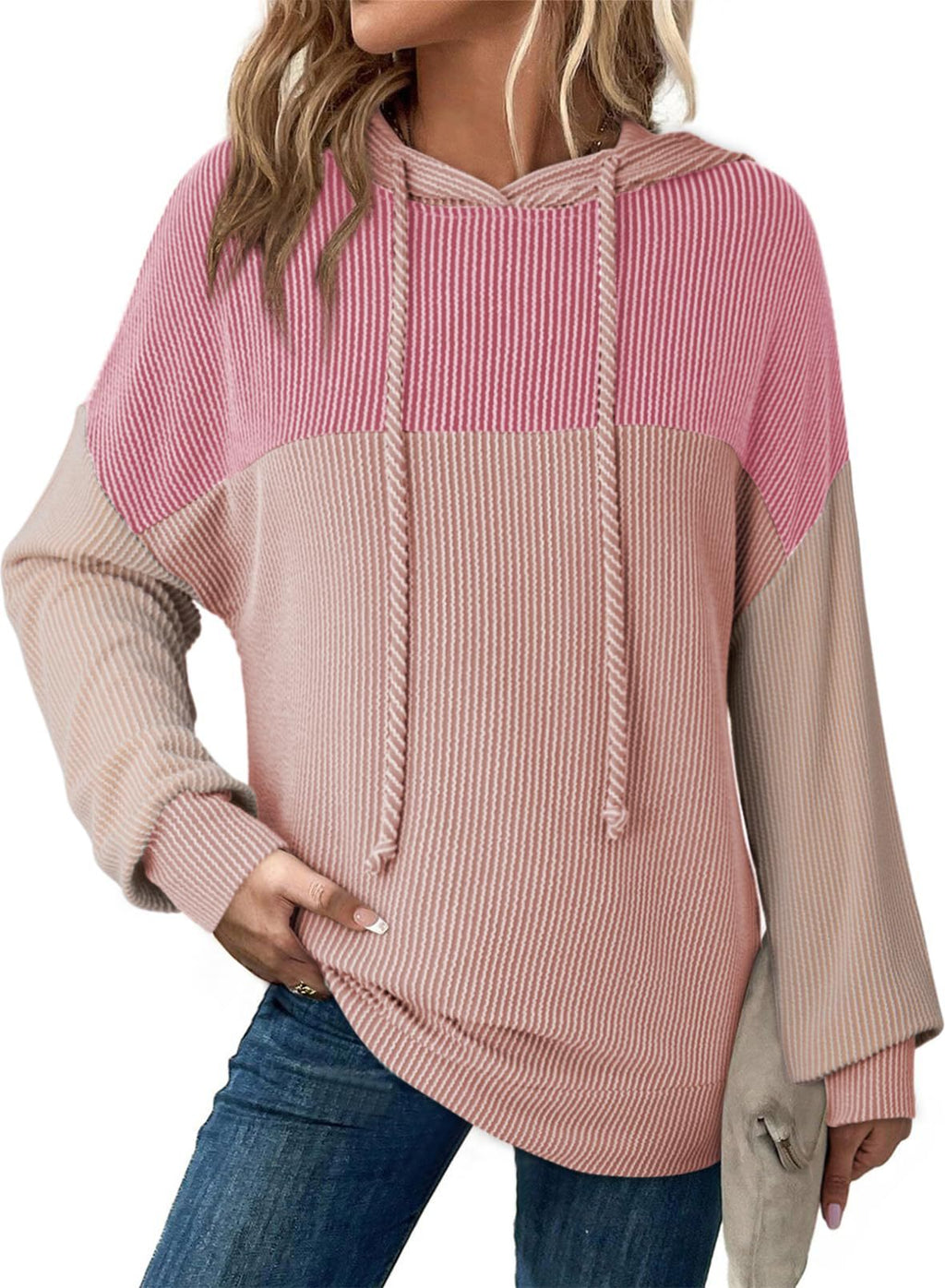 Colorblock Textured Rib Drawstring Hoodie - Pink - 1