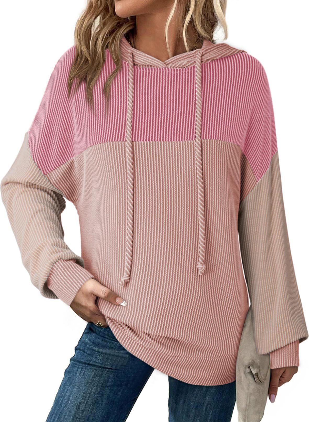 Colorblock Textured Rib Drawstring Hoodie - Pink - 1