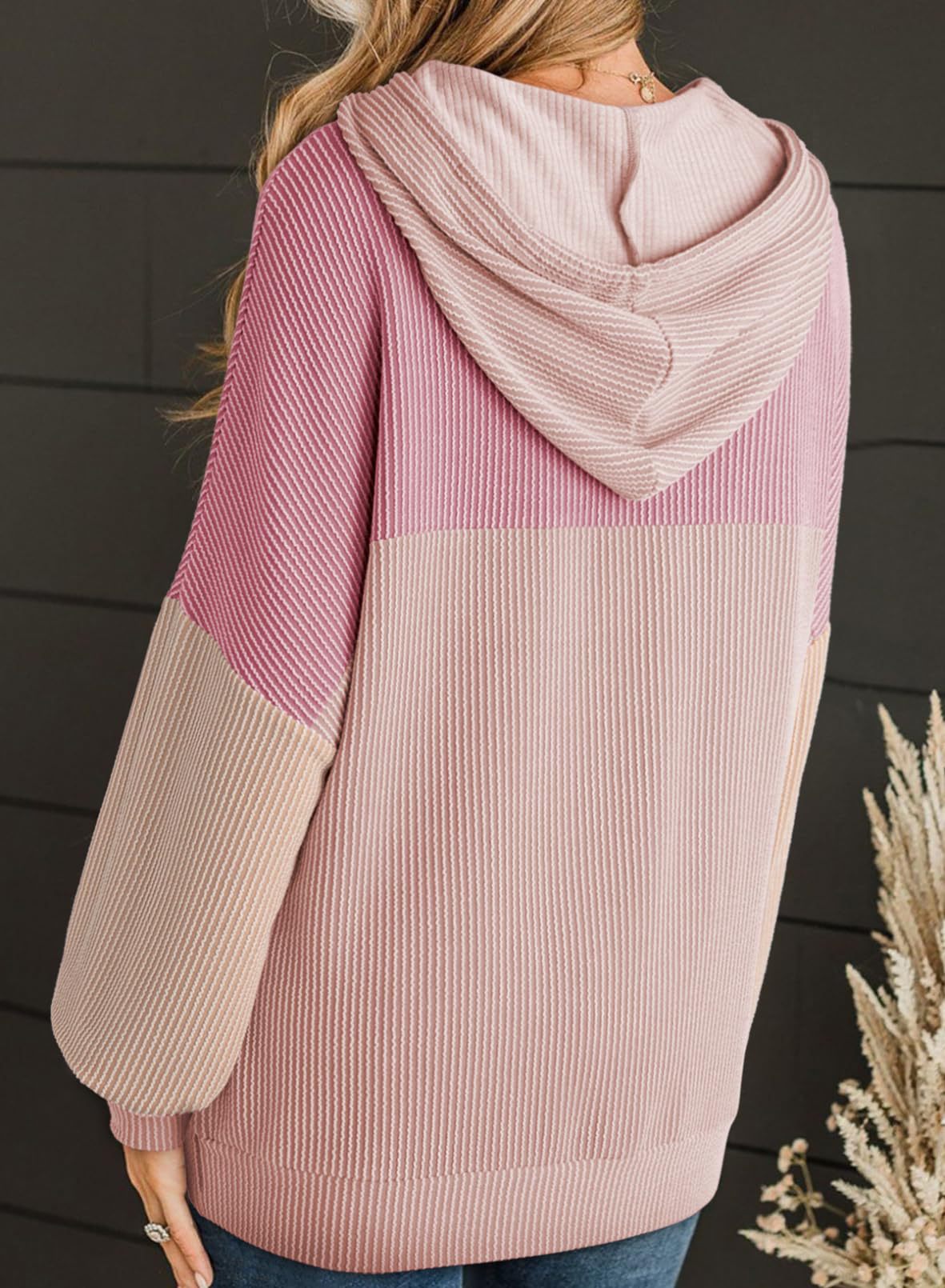 Colorblock Textured Rib Drawstring Hoodie - Pink - 2