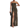 Strapless Tiger Print Slit Maxi Dress - black