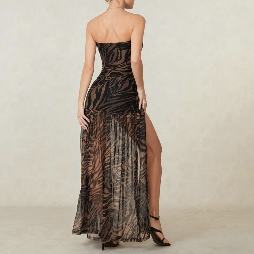 Strapless Tiger Print Slit Maxi Dress