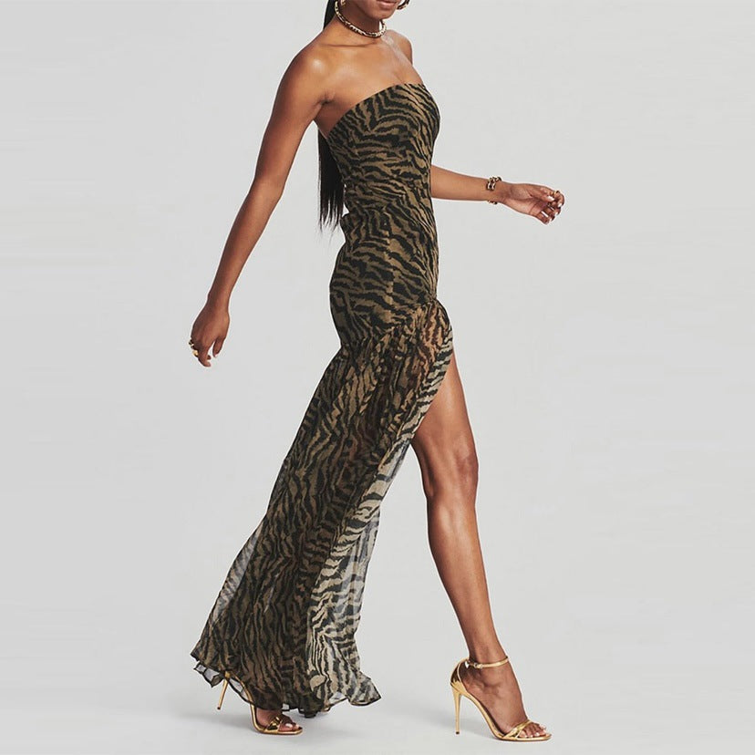 Strapless Tiger Print Slit Maxi Dress - view 1