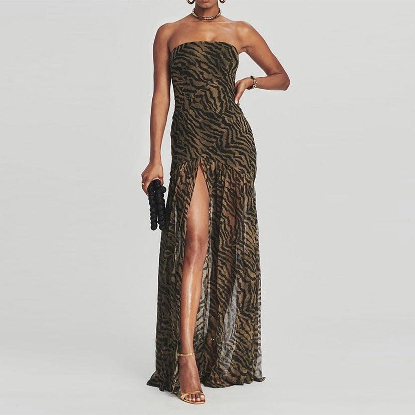 Strapless Tiger Print Slit Maxi Dress - view 3