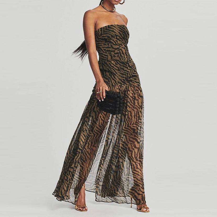 Strapless Tiger Print Slit Maxi Dress - view 4