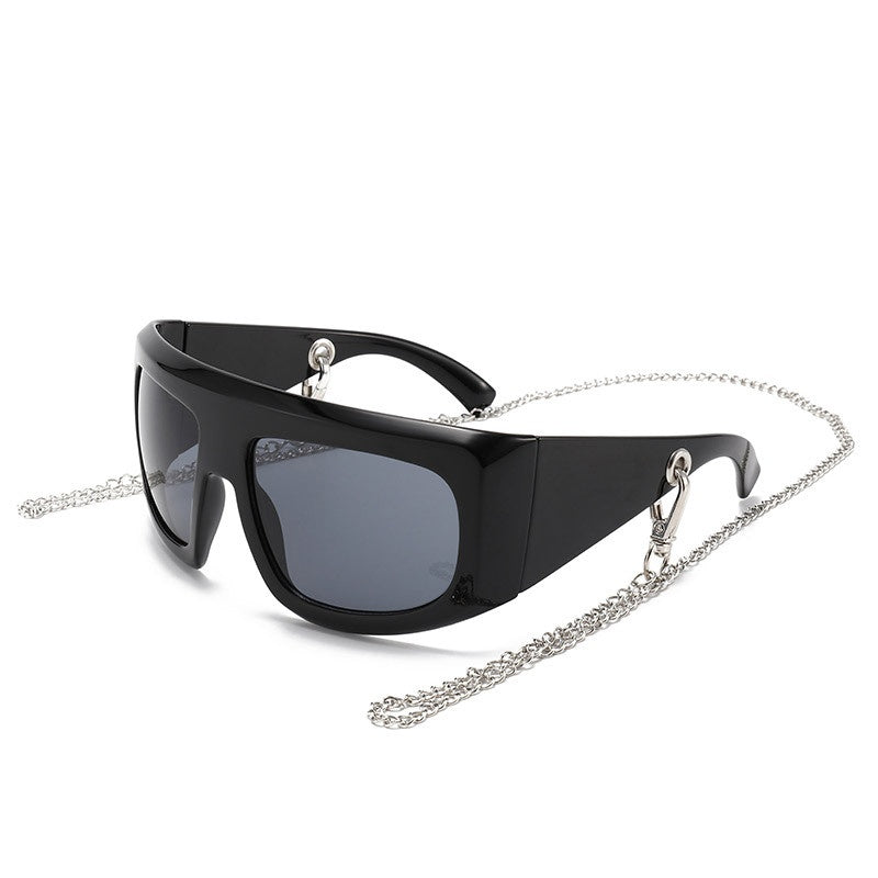 Wraparound Shield Sunglasses With Chain - BALCK
