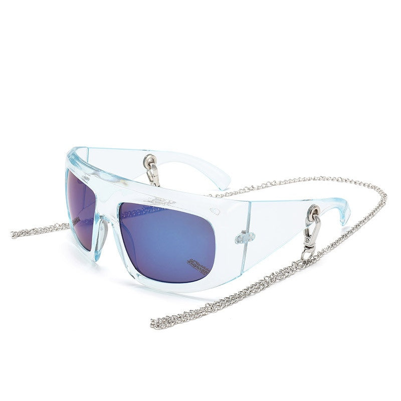Wraparound Shield Sunglasses With Chain - BLUE