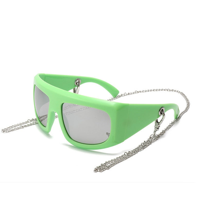 Wraparound Shield Sunglasses With Chain - GREEN