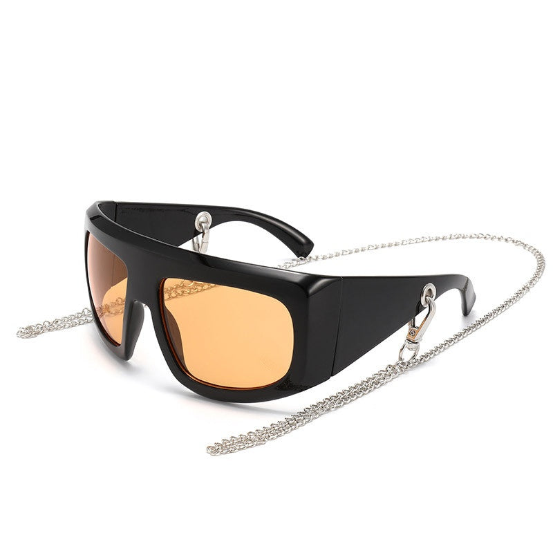 Wraparound Shield Sunglasses With Chain - ORANGE