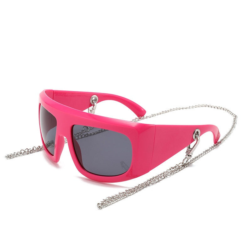 Wraparound Shield Sunglasses With Chain - ROSE