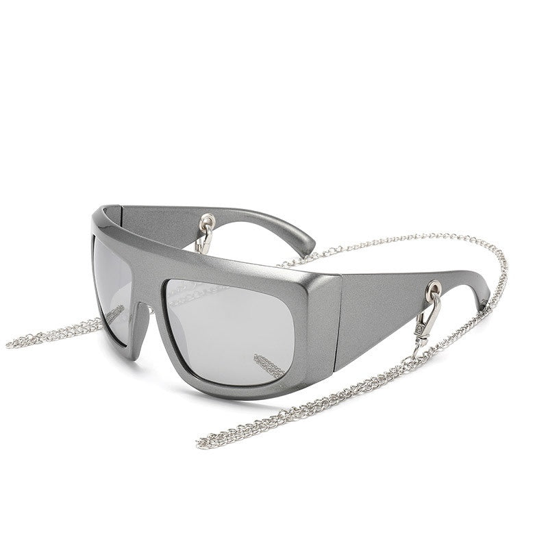 Wraparound Shield Sunglasses With Chain - SILVERY