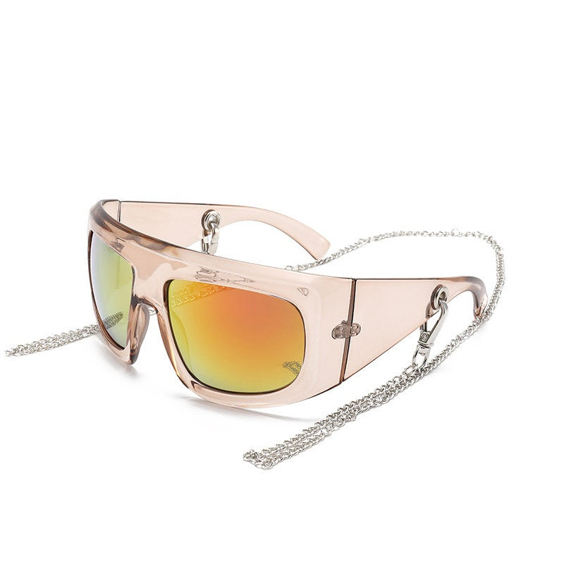 Wraparound Shield Sunglasses With Chain - TEA