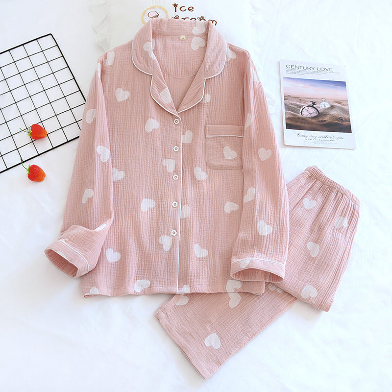 Heart Print Cotton Gauze Pajama Set - Purple