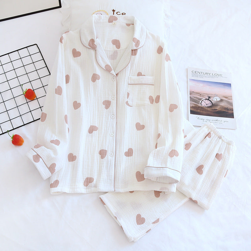Heart Print Cotton Gauze Pajama Set - White