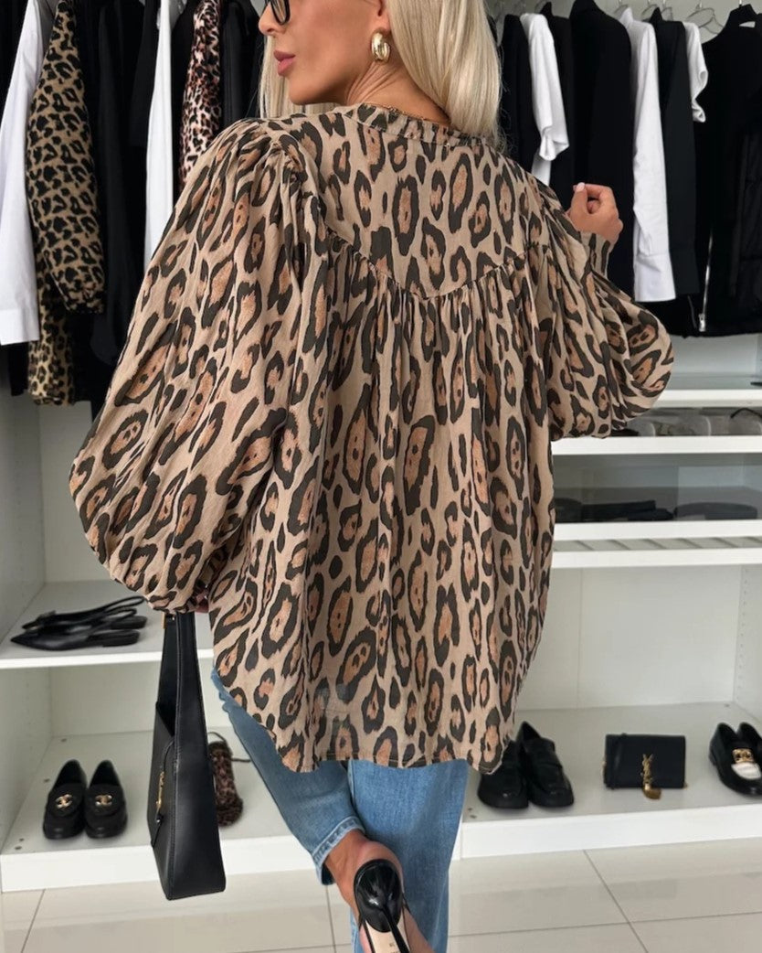 Leopard Print Oversized Balloon Sleeve Blouse - Khaki - 2