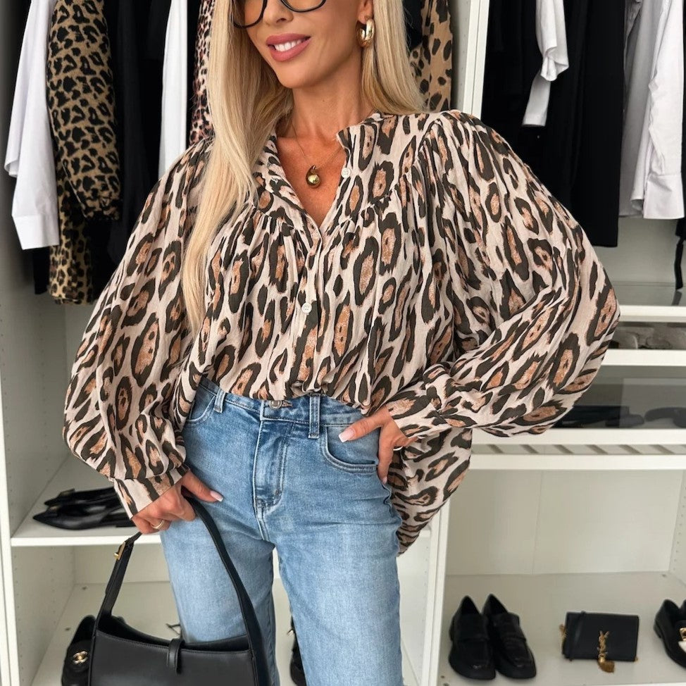 Leopard Print Oversized Balloon Sleeve Blouse - White