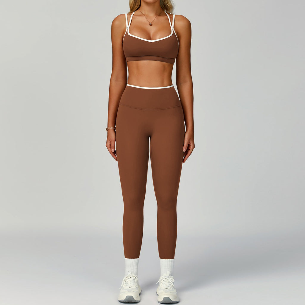 Contrast Piped Crisscross Back Sports Bra Workout Set - Chestnut Bra & Leggings