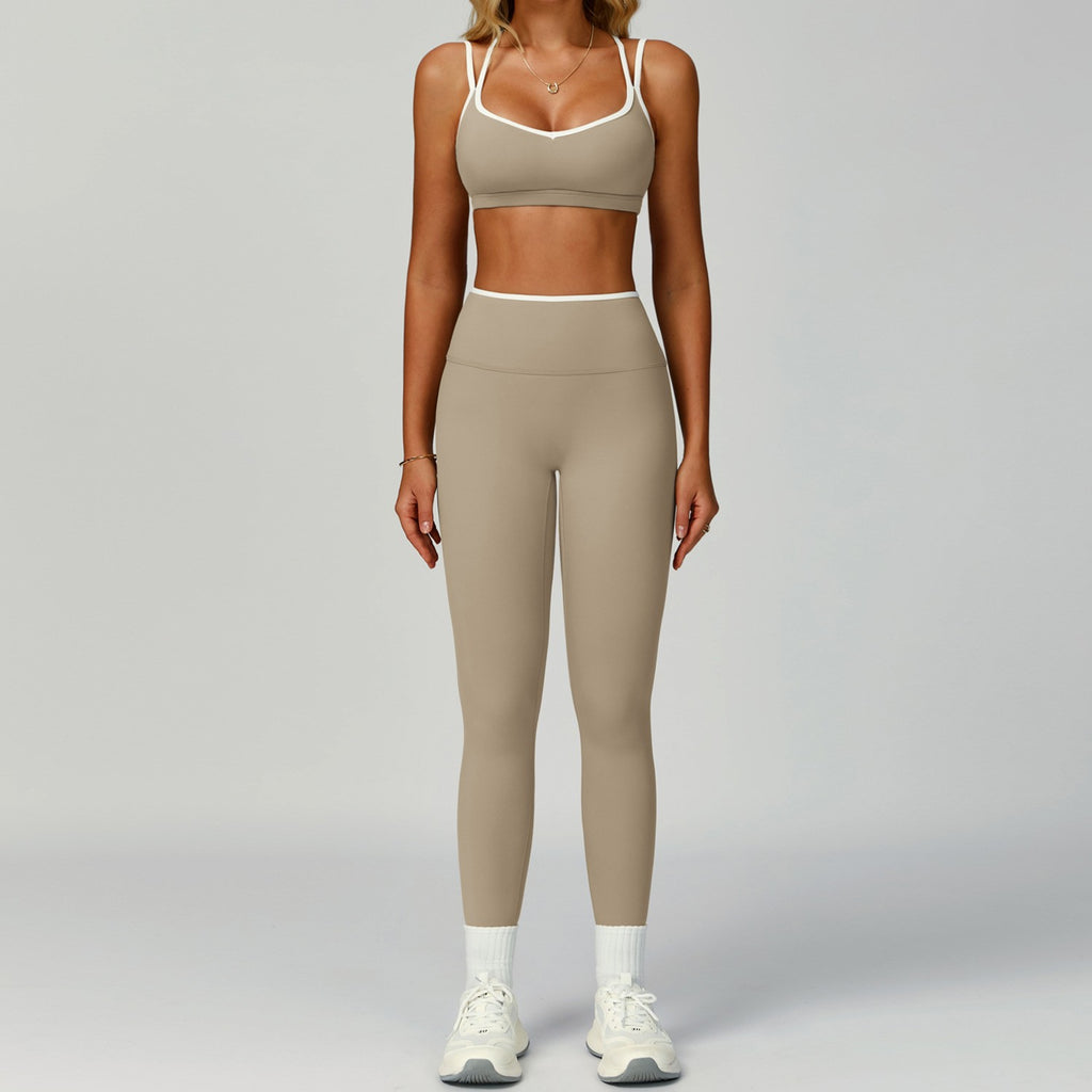 Contrast Piped Crisscross Back Sports Bra Workout Set - Linen Bra & Leggings