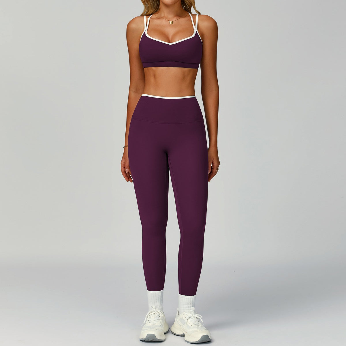 Contrast Piped Crisscross Back Sports Bra Workout Set - Plum Bra & Leggings