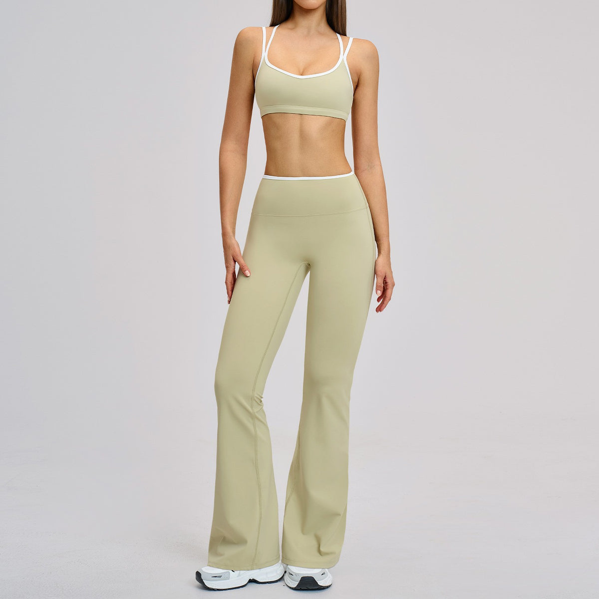 Contrast Piped Crisscross Back Sports Bra Workout Set - Sage Bra & Flare