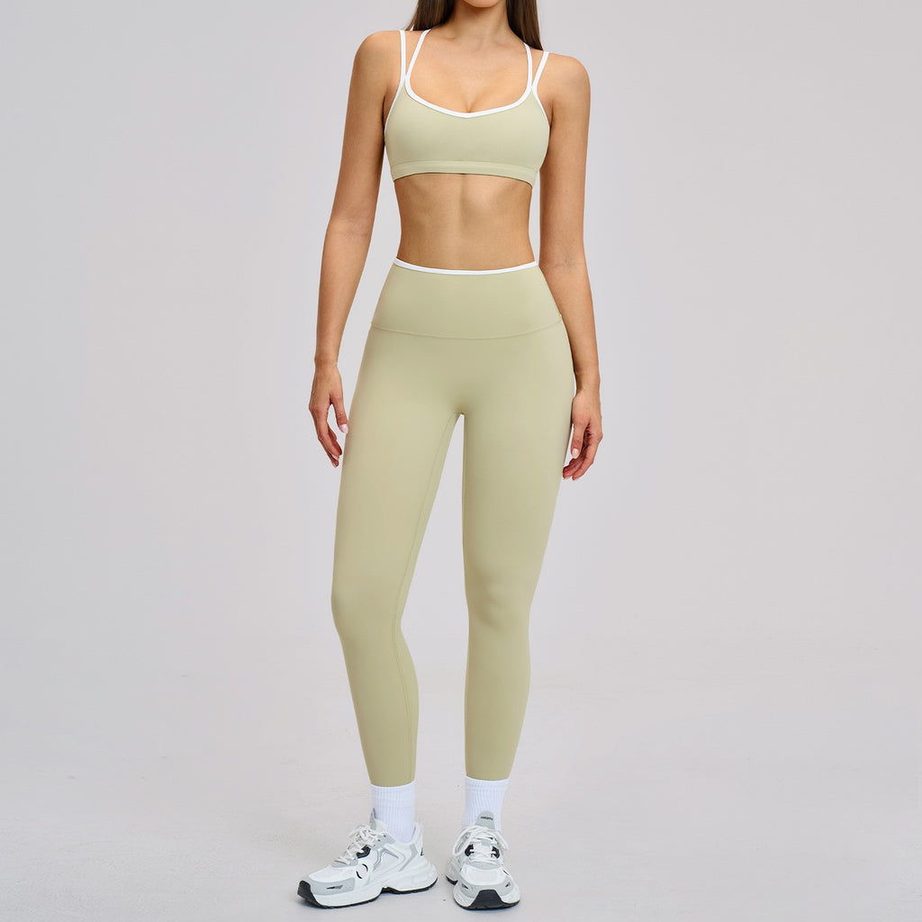 Contrast Piped Crisscross Back Sports Bra Workout Set - Sage Bra & Leggings
