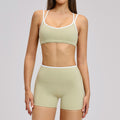 Contrast Piped Crisscross Back Sports Bra Workout Set - Sage Bra & Shorts