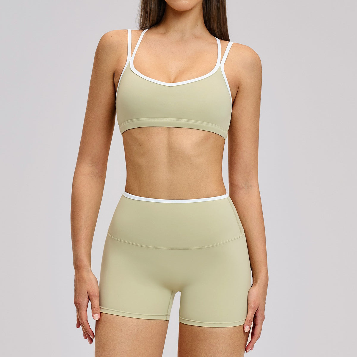 Contrast Piped Crisscross Back Sports Bra Workout Set - Sage Bra & Shorts