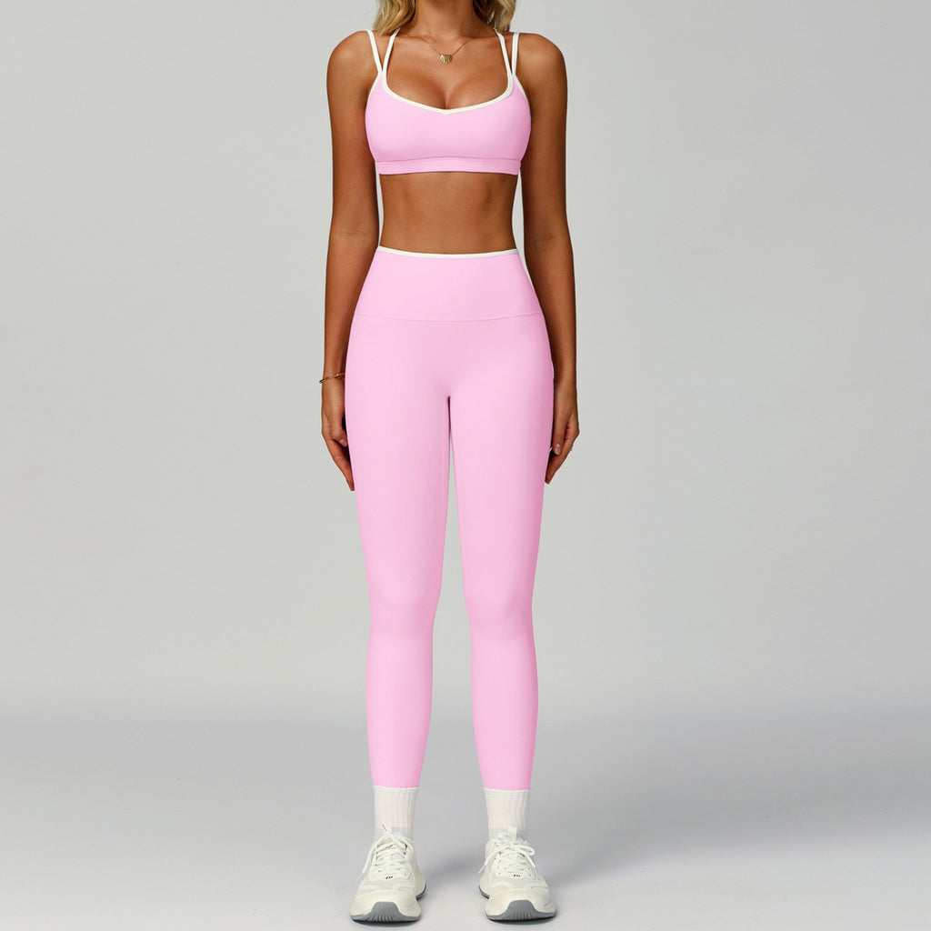 Contrast Piped Crisscross Back Sports Bra Workout Set