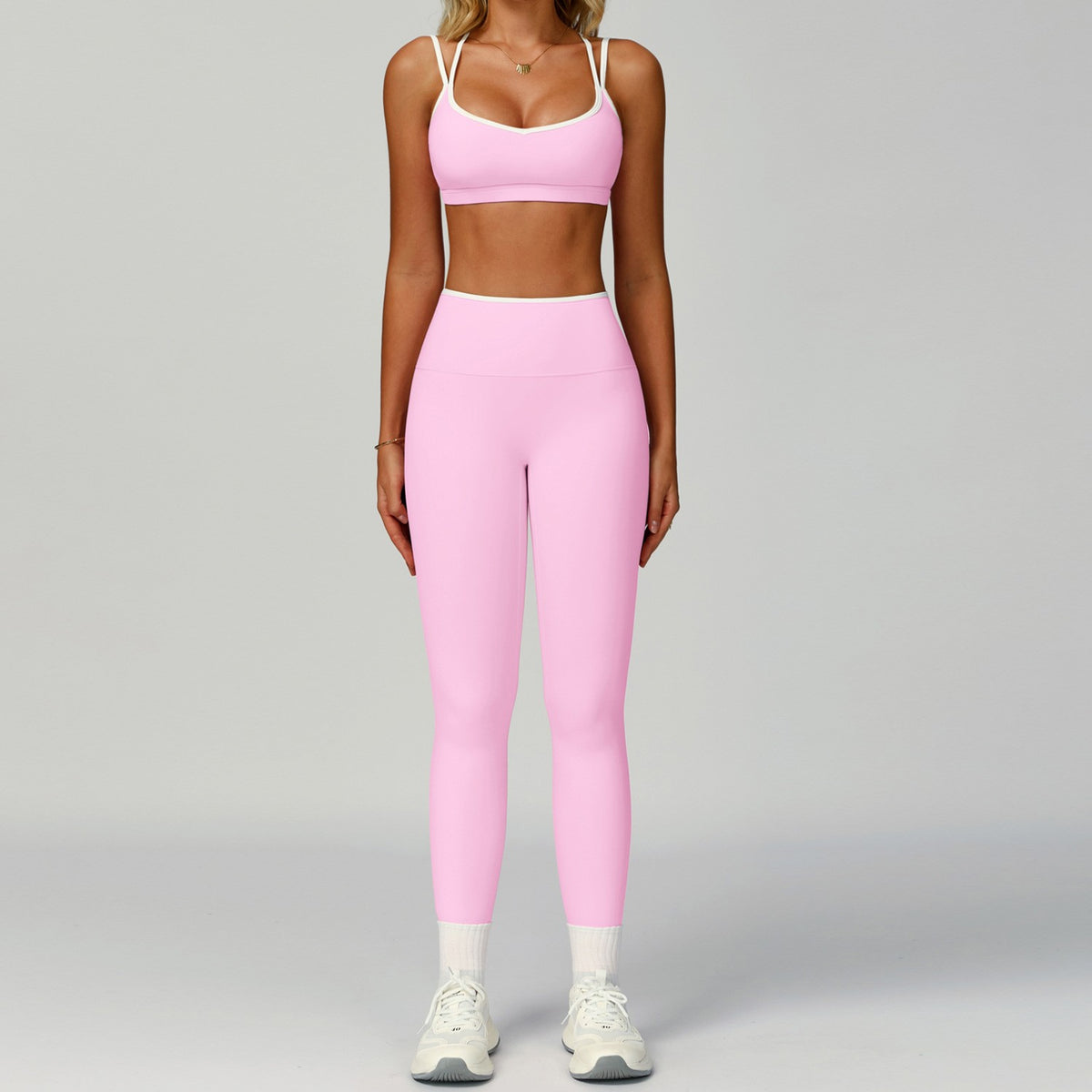 Contrast Piped Crisscross Back Sports Bra Workout Set