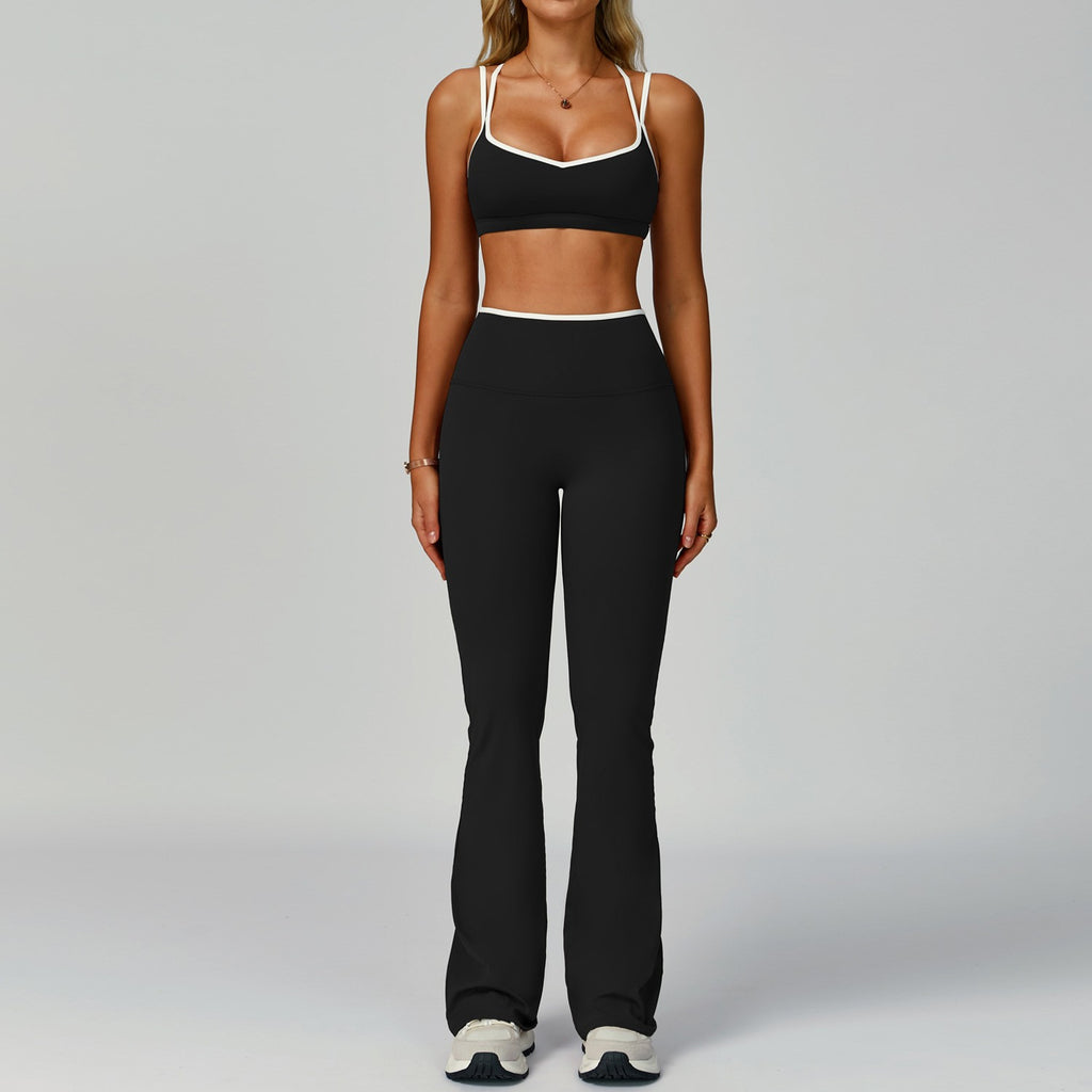 Contrast Piped Crisscross Back Sports Bra Workout Set