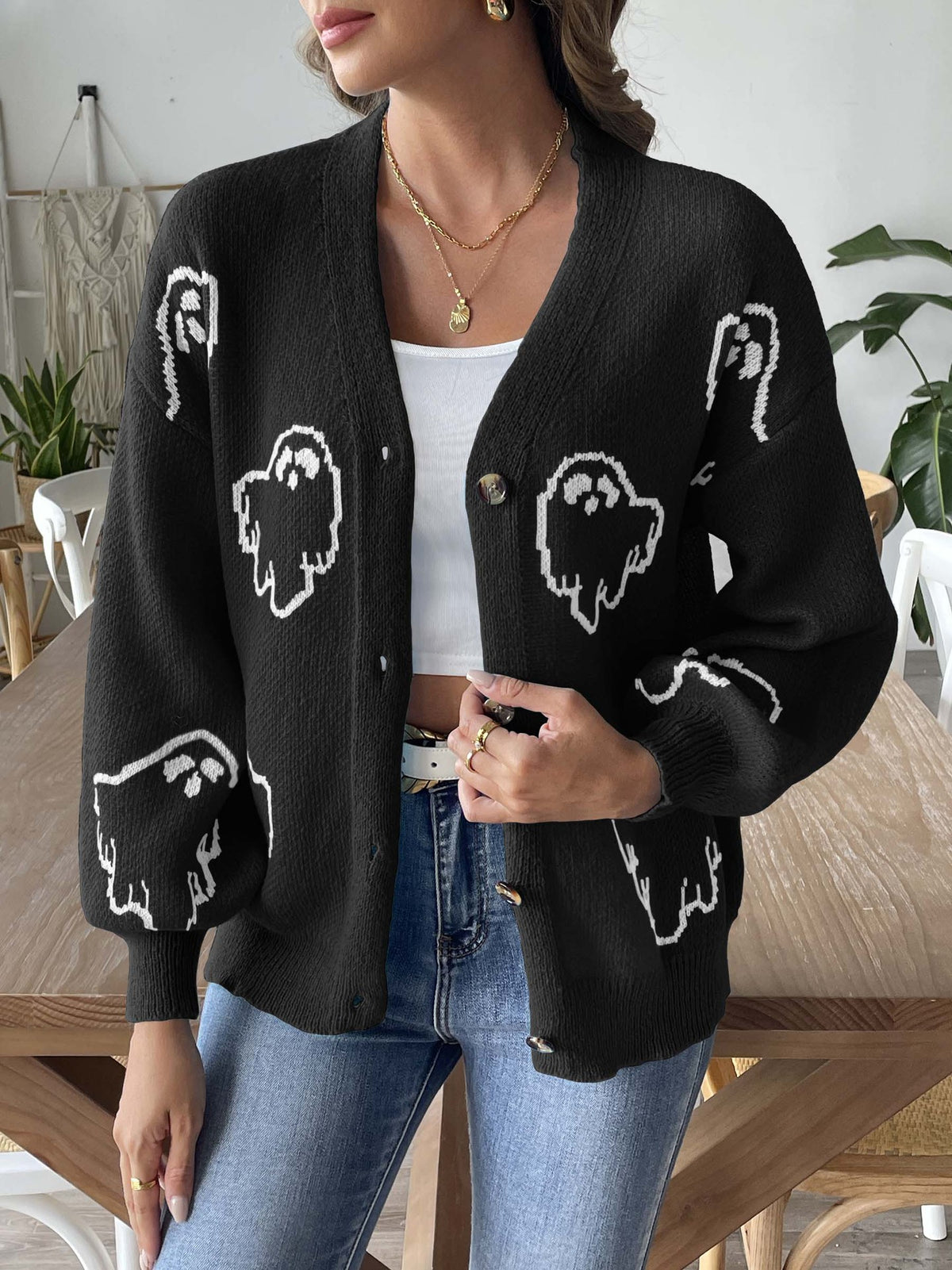 Ghost Jacquard Button Front Knit Cardigan - Black