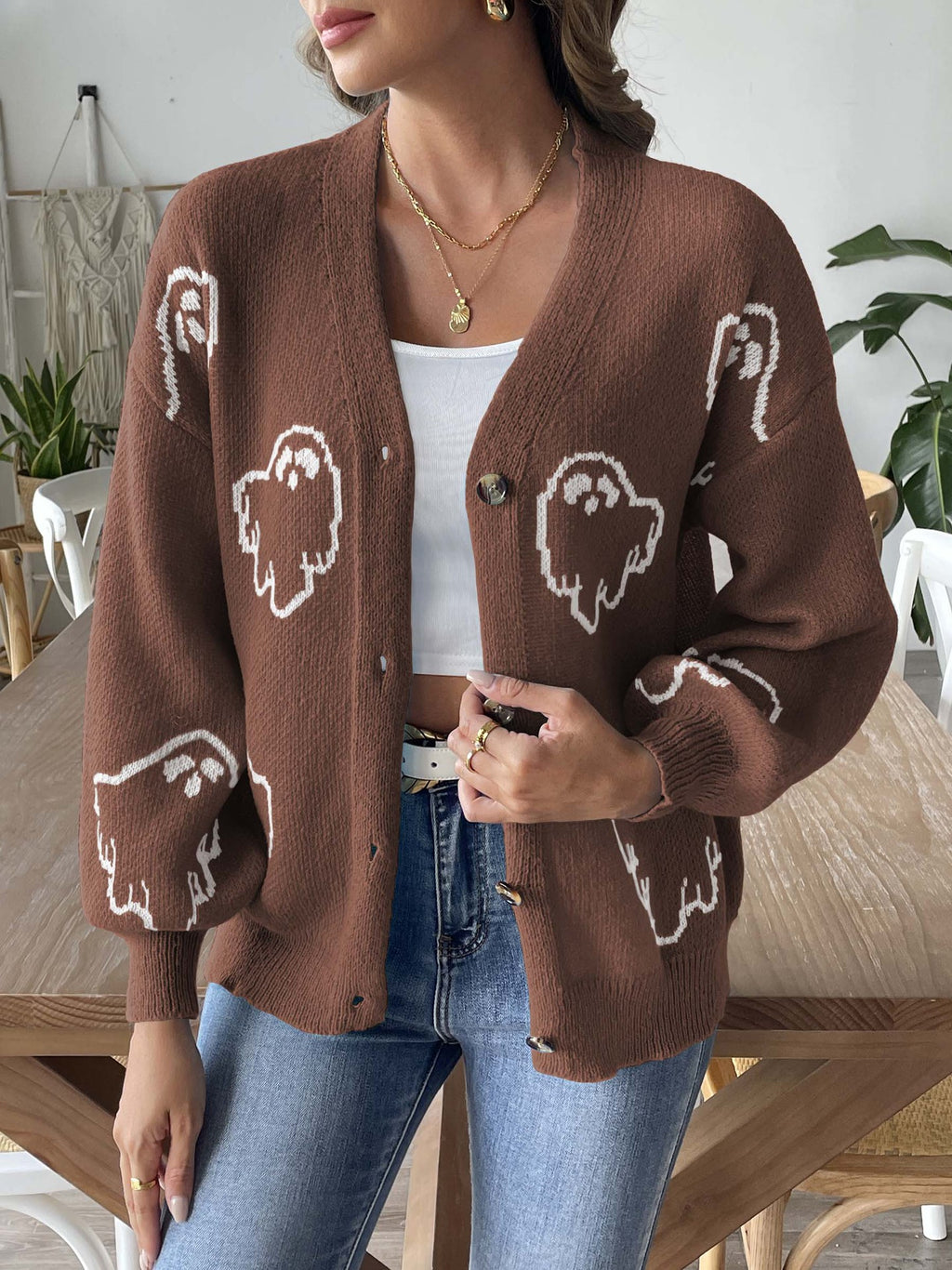 Ghost Jacquard Button Front Knit Cardigan - Coffee