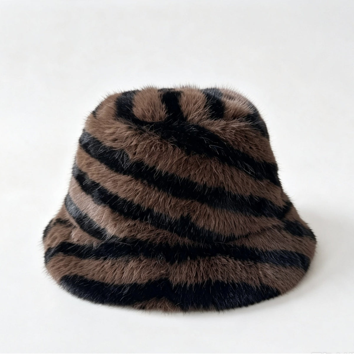 Fuzzy Zebra Stripe Bucket Hat for Winter - Brown