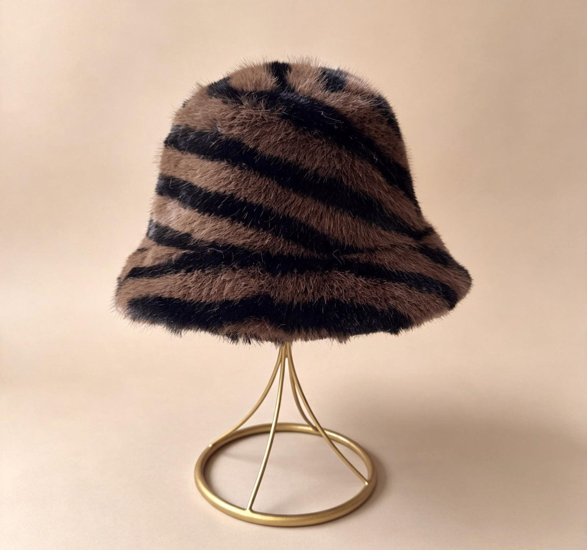 Fuzzy Zebra Stripe Bucket Hat for Winter - Brown - 1