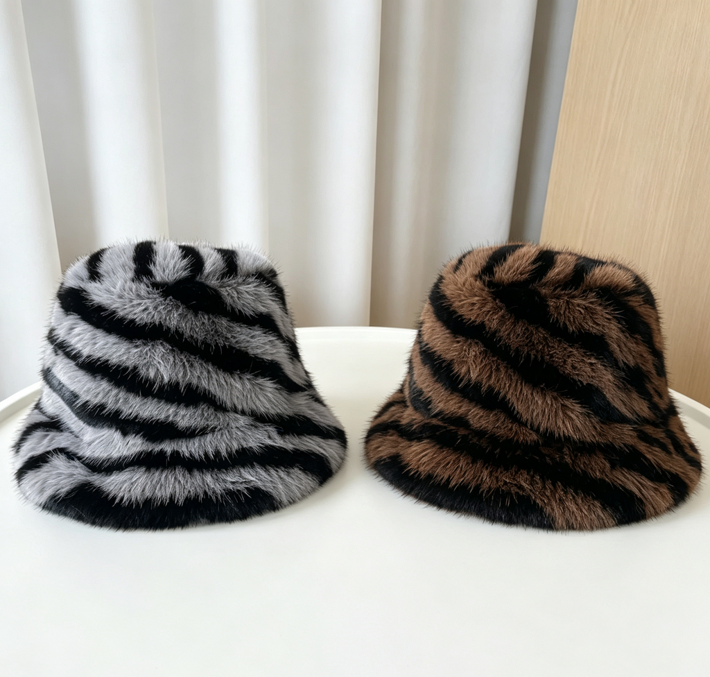 Fuzzy Zebra Stripe Bucket Hat for Winter - Brown - 2