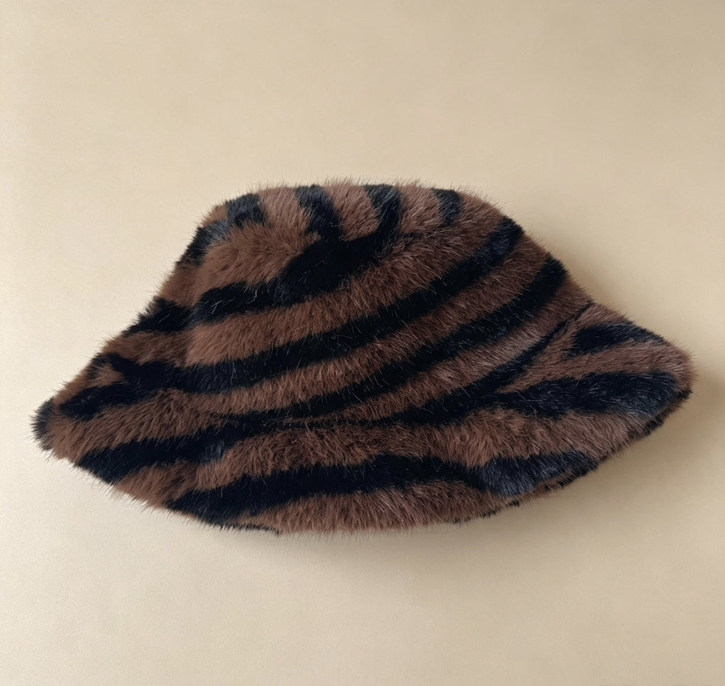 Fuzzy Zebra Stripe Bucket Hat for Winter - Brown - 3