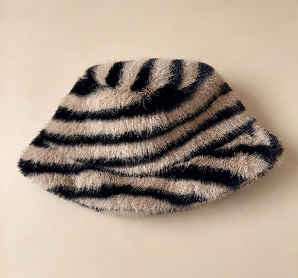Fuzzy Zebra Stripe Bucket Hat for Winter - Khaki