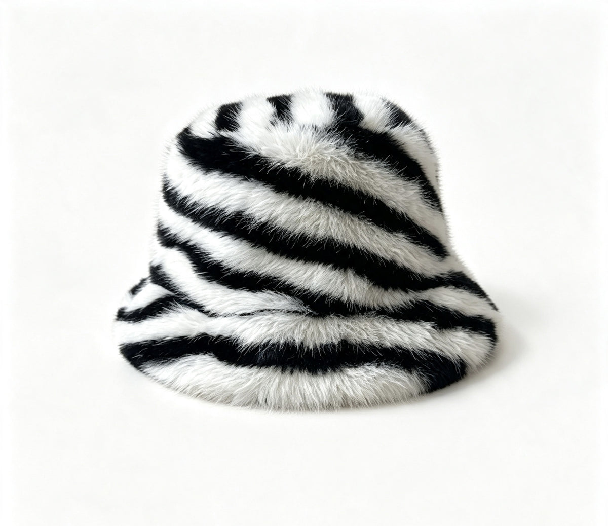 Fuzzy Zebra Stripe Bucket Hat for Winter - White