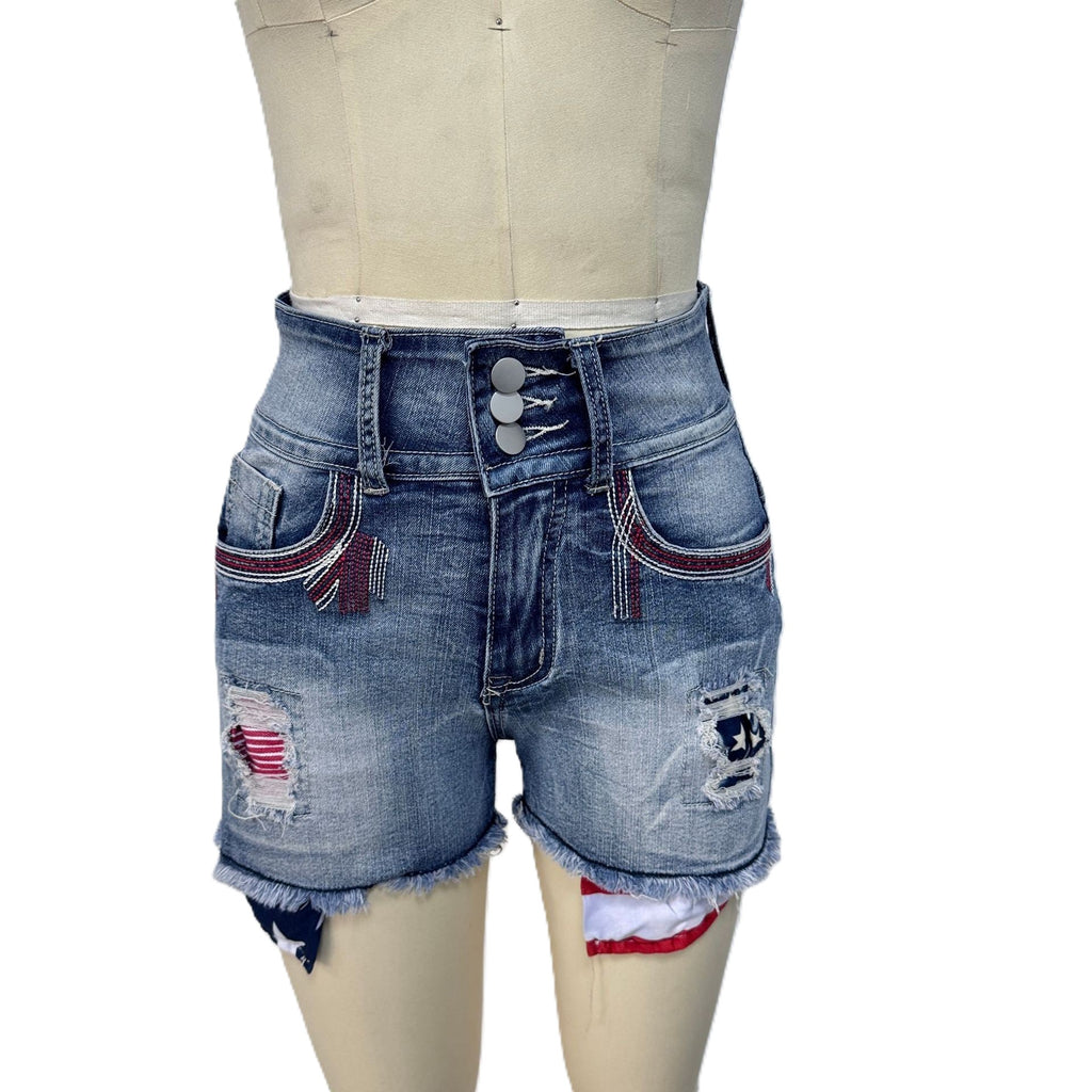 Americana Star Ripped High Waist Denim Shorts - Blue