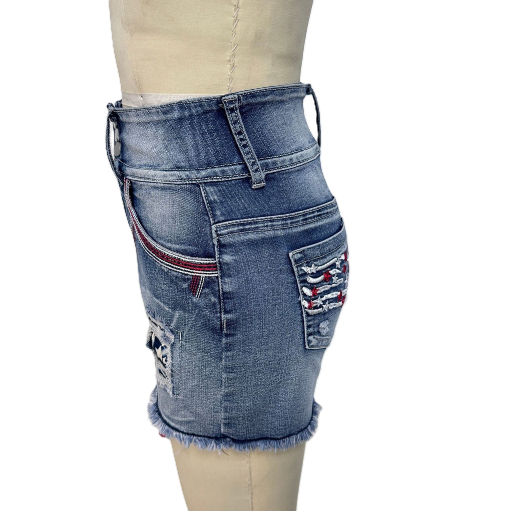Americana Star Ripped High Waist Denim Shorts - Blue - 1