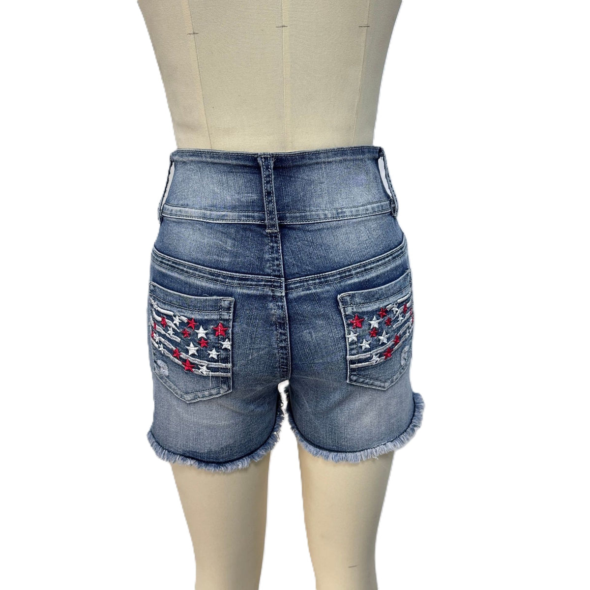 Americana Star Ripped High Waist Denim Shorts - Blue - 2