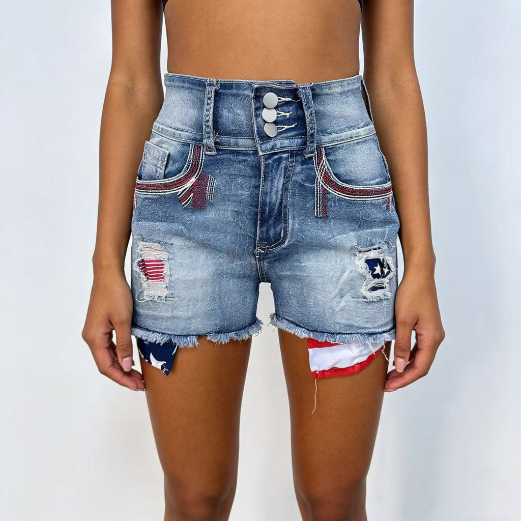 Americana Star Ripped High Waist Denim Shorts - Blue - 3