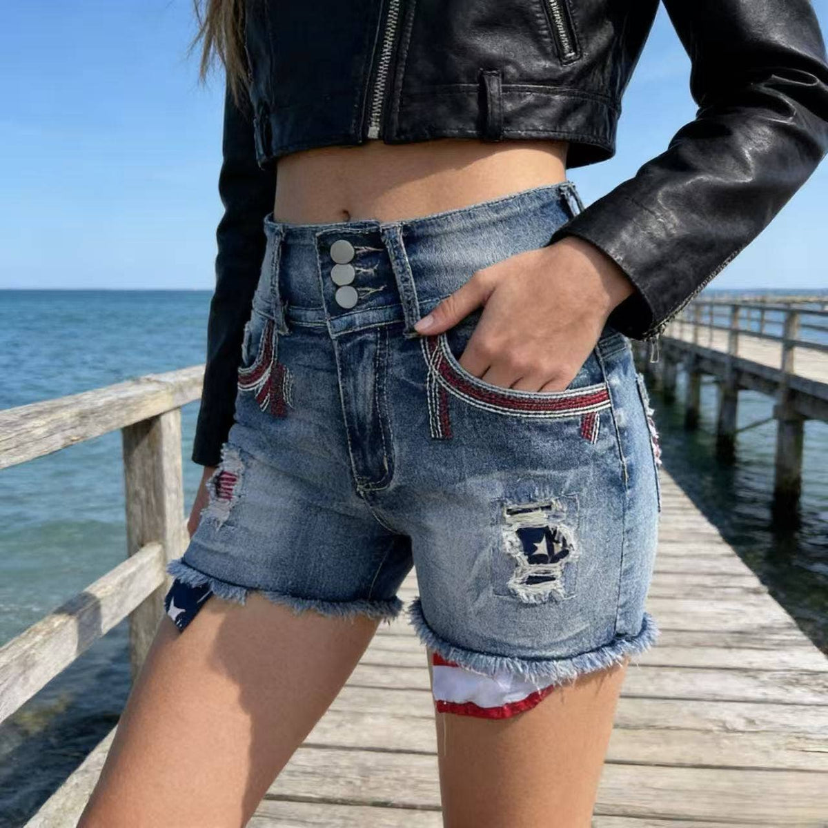 Americana Star Ripped High Waist Denim Shorts
