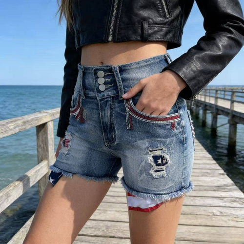 Americana Star Ripped High Waist Denim Shorts