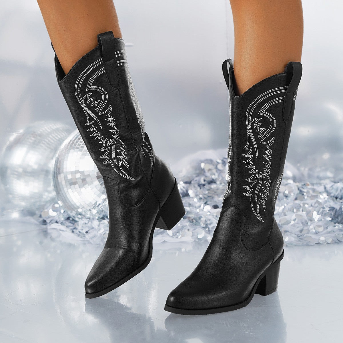 Tall Embroidered Cowboy Boots with Stacked Heel - Black