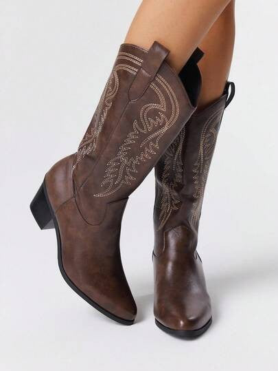 Tall Embroidered Cowboy Boots with Stacked Heel - Brown
