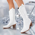 Tall Embroidered Cowboy Boots with Stacked Heel - White