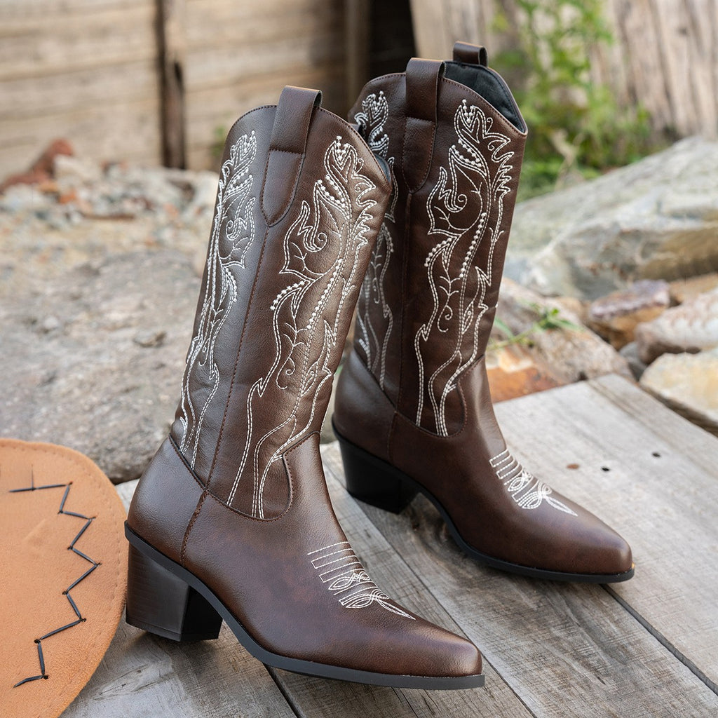 Tall Embroidered Cowboy Boots with Stacked Heel