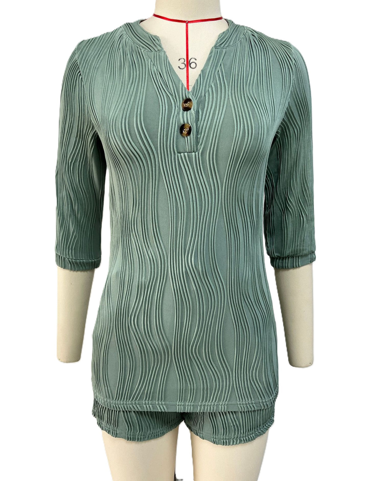 Notch Neck Henley Top Drawstring Shorts Set - Green